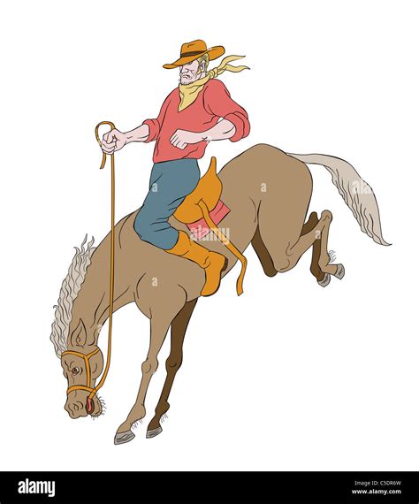 illustration of rodeo cowboy riding bucking horse bronco on isolated white background cartoon ...