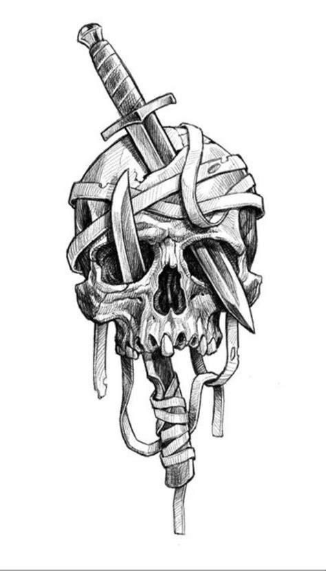 a drawing of a skull with a knife stuck in it's head and wrapped in ribbons