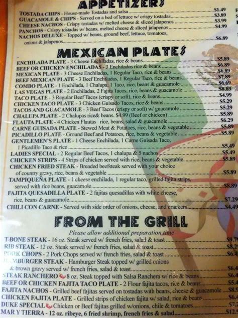 Menu at Las Vegas Cafe, Harlingen