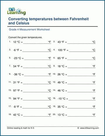 Grade 4 Temperature Worksheet: Convert between Fahrenheit and Celsius ...