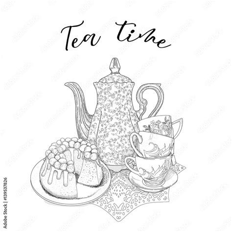 Tea time. Tea and delicious cupcake to tea party. Vector illustration in Vintage style. Hand ...