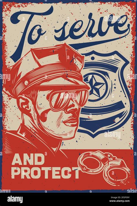 Poster design with illustration of a policeman and a police sign on vintage background Stock ...