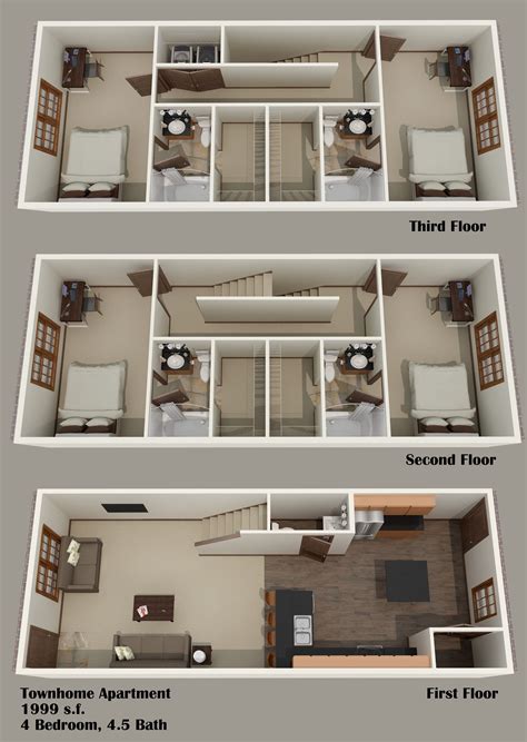 4 Bedroom Townhouse (3 Story) | Apartment floor plans, House floor design, Sims house plans