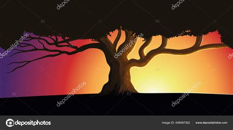 Silhouette of a lone tree against a beautiful sunset. Background nature ...