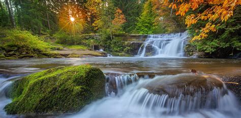 Fondos de pantalla : Árboles, paisaje, bosque, cascada, puesta de sol, naturaleza, reflexión ...