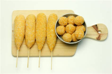 Corn Dog and Breaded Mozzarella Cheese Balls. Top View Stock Photo ...