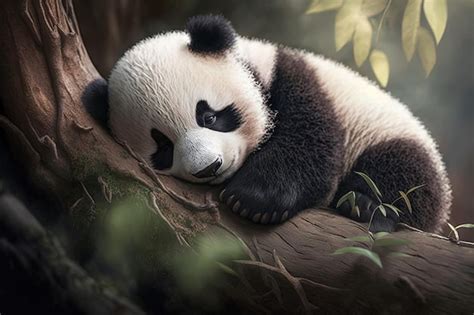 Panda durmiendo lindo bebé panda duerme en un árbol generado por ia ...