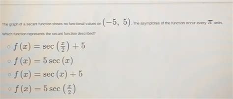 Solved: The graph of a secant function shows no functional values on ...