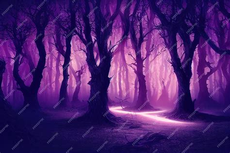 Premium Photo | Dark night forest with purple glow Dark tree trunks 3D illustration