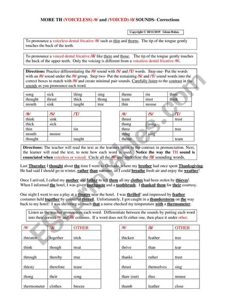 More TH voiceless and voiced sounds - ESL worksheet by glennb