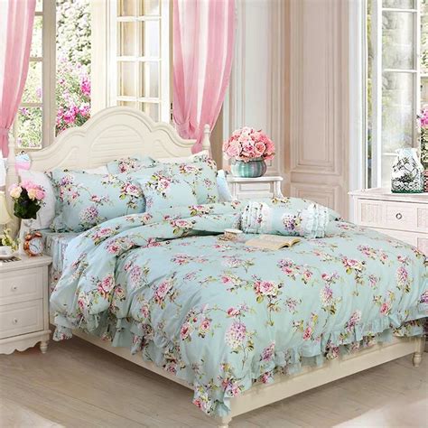 FADFAY Shabby Blue Floral Print Bedding Set Vintage Elegant French Country Ruffle Style Teal ...