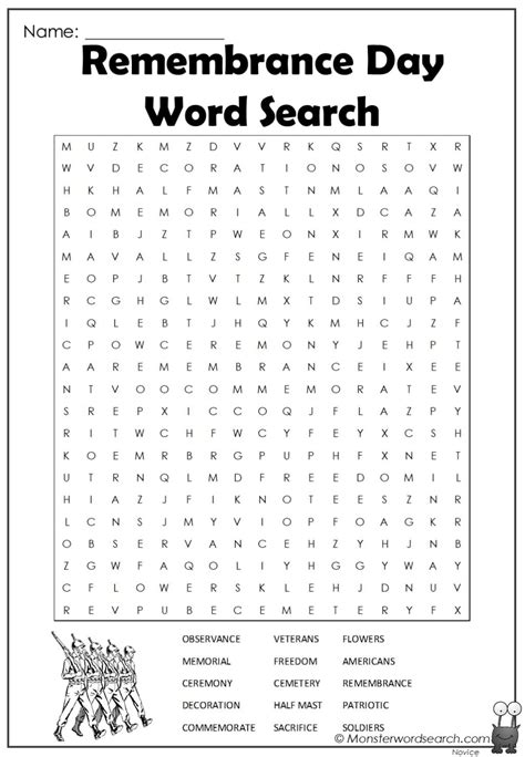 Remembrance Day Word Search- Monster Word Search