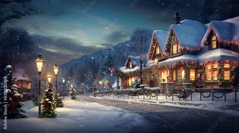 A Photograph capturing the enchanting glow of a snowy Christmas village as vibrant crimson ...