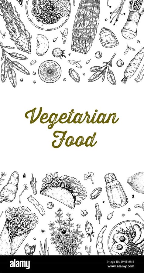 Vegetarian food background. Hand drawn vector illustration in sketch style. Restaurant menu ...