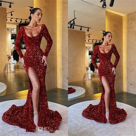 Sexy Sequined Red Prom Dresses 2020 Scoop Neck Long Sleeve Evening Gowns Party Dress Special ...