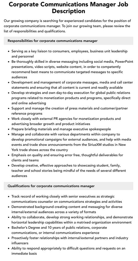 Corporate Communications Manager Job Description | Velvet Jobs