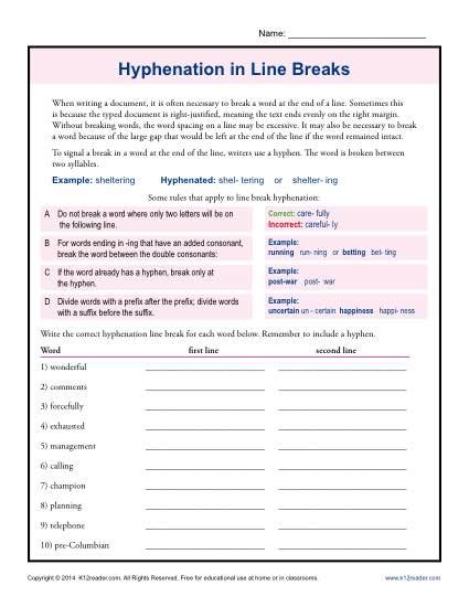 Hyphenation in Line Breaks | Punctuation Worksheets