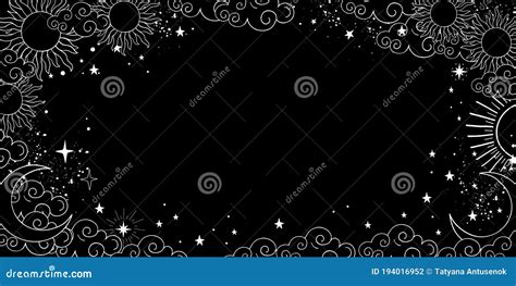 A Mystical Heavenly Black Banner with Copy Space, Moon, Sun, and Stars. Space Background with ...