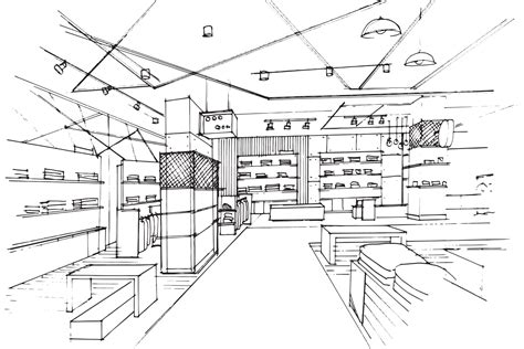 Sketch drawing of clothing store corridor, modern design, vector, 2d ...