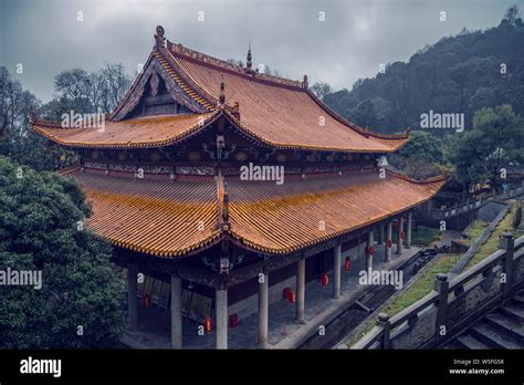 Landscape of the Buddhist Lushan Temple at the Yuelu Mountain after a rain in Changsha city ...