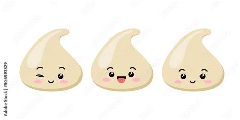 Cute white chocolate chips emoji character vector icon set. White milky smilling winking choco ...