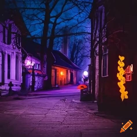 Night view of a street with halloween decorations on Craiyon