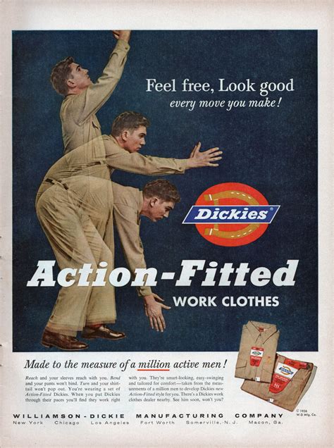 an advertisement for dickies'action - fitted work clothes from the 1950's