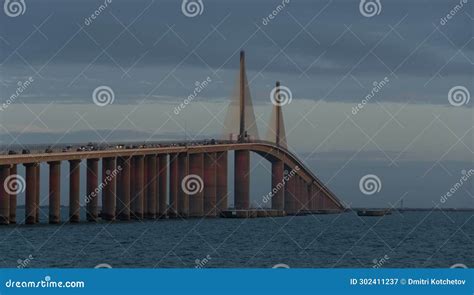 Sunshine Skyway Bridge Under Sunset Glowing Lights - 2 Stock Image ...