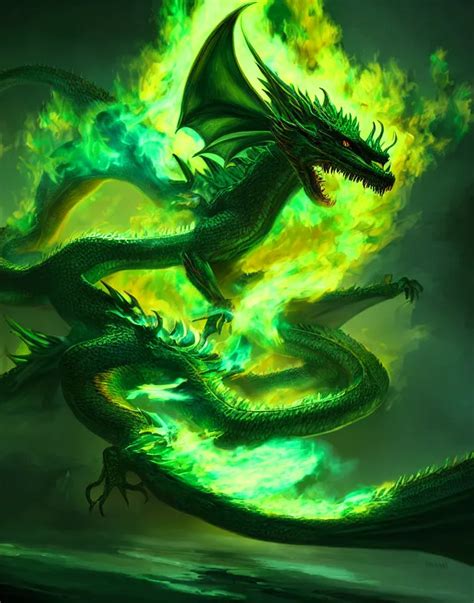 Digital painting of a green dragon in flames, | Stable Diffusion