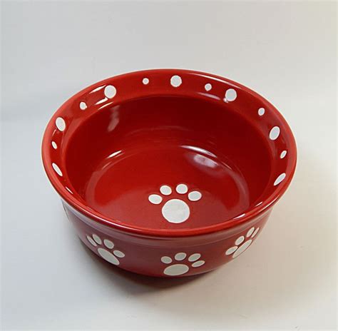 Ceramic Dog Cat Pet Bowl Dish Red White Paw Print Signature Housewares ...