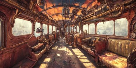 KREA - steampunk train wagon interior, colorful, contrast, depth of field, 3 d scene, render ...