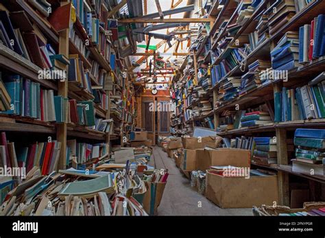 An old abandoned library. Book background. Books on the bookshelf ...