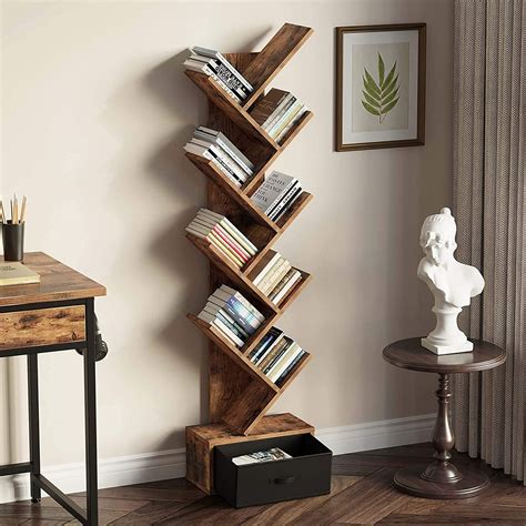 tree-shaped narrow bookcase with drawer diagonal book storage ...