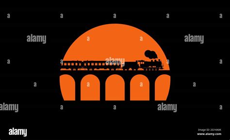 Retro train with steam locomotive on viaduct bridge. Black silhouette on the sunset background ...