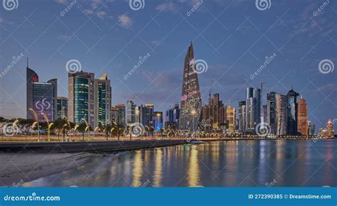 Doha Qatar Skyline from Corniche Promenade at Dusk Showing West Bay ...