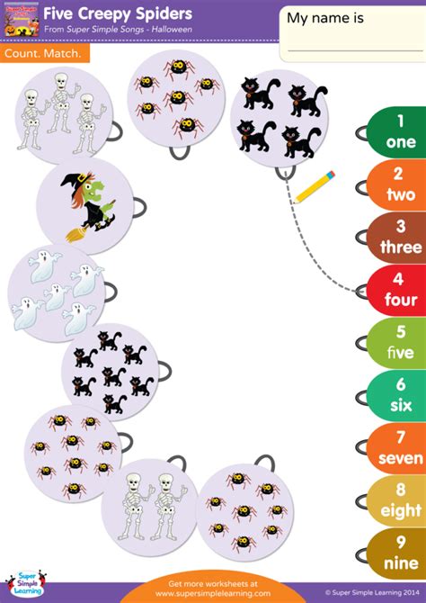 Five Creepy Spiders Worksheet - Count & Match - Super Simple