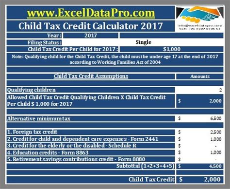 Download Child Tax Credit Calculator Excel Template - ExcelDataPro