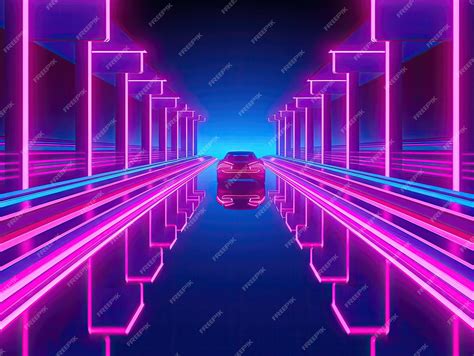 Premium AI Image | Pink and blue neon lights and car on street Road ...