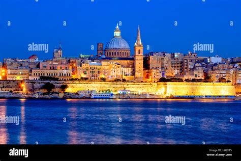 Valletta skyline at night in Malta Stock Photo - Alamy