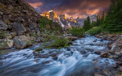 Moraine Lake In Alberta Canada Mountain Stream Rocky Mountains Sunset ...