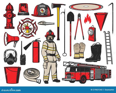 Firefighter Equipment and Fire Fighting Tools Stock Vector ...