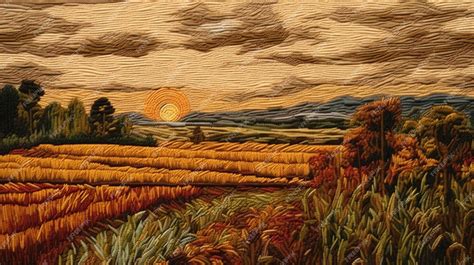 Premium AI Image | A painting of a field with a sunset in the background.