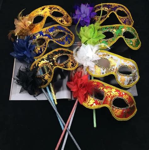 Venetian masquerade feather flower mask on stick Mardi Gras Costume ...