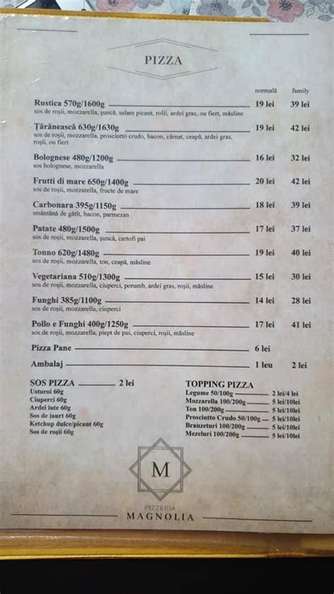 Menu at Magnolia, Lugoj