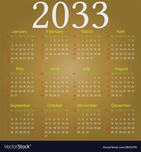 Calendar 2033 Royalty Free Vector Image - VectorStock