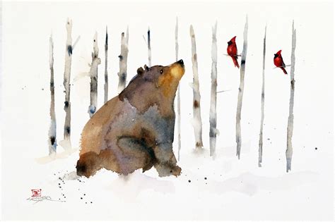 BLACK BEAR, CARDINAL and Birch Trees Winter Watercolor Print by Dean Crouser - Etsy | Bear ...