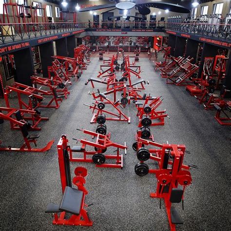 a gym with rows of red exercise equipment