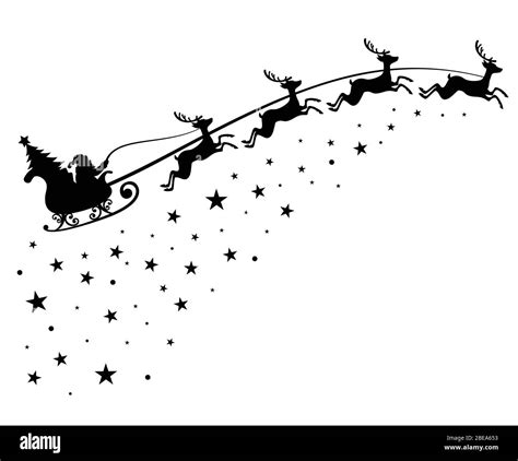 Santa Claus on sleigh flying sky with deers black vector silhouette for winter holiday ...