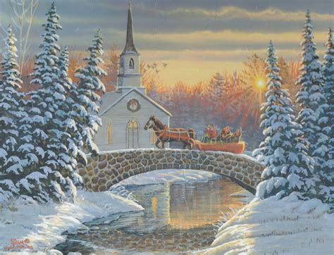 Sam Timm ~ winter ~ church ~ horse-drawn sleigh ~ cobblestone bridge ...