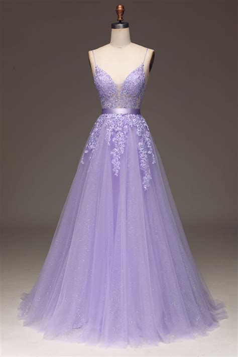 Queendancer Women Purple Prom Dress A-Line Spaghetti Straps Long Beaded and Tulle Party Dress ...